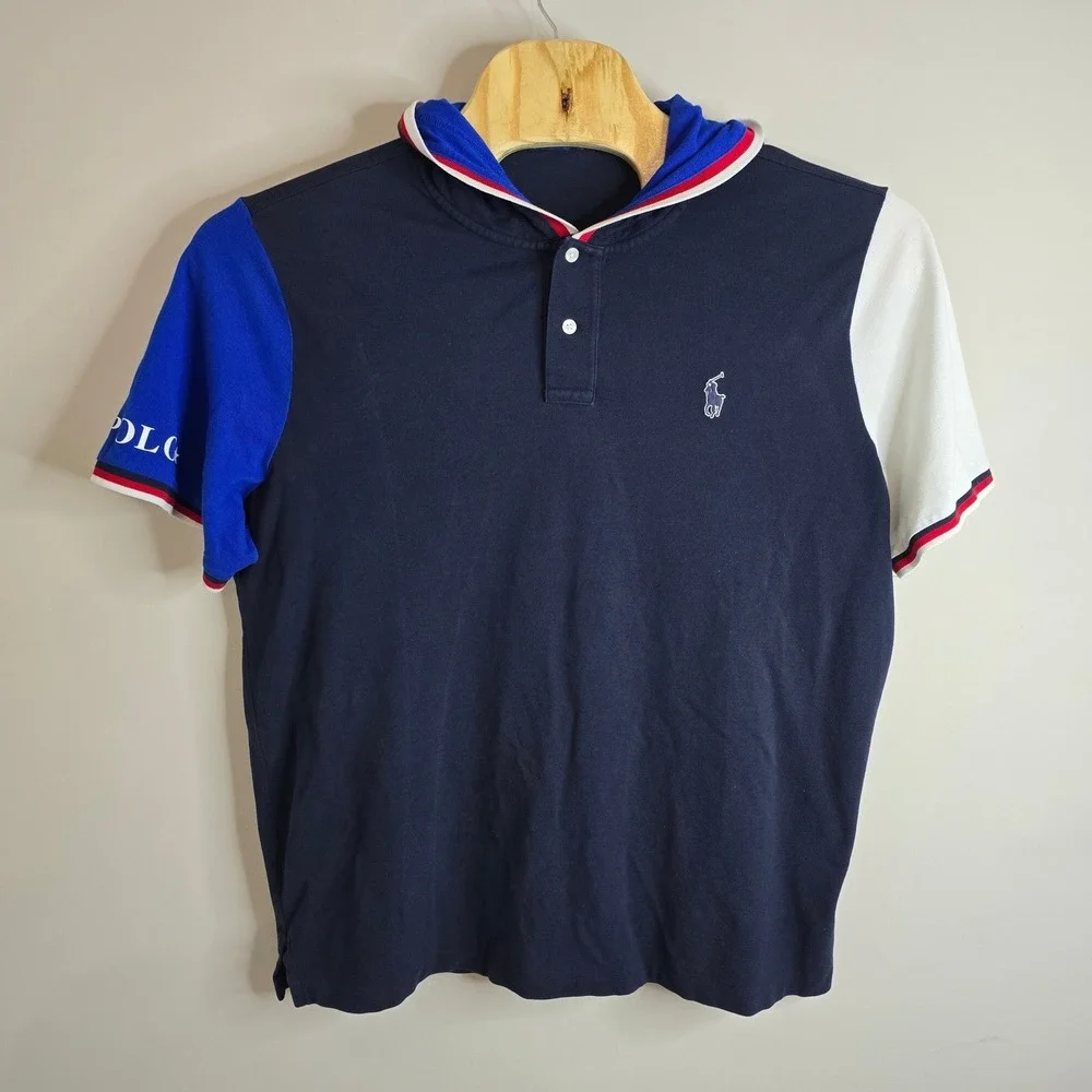 Polo Ralph Lauren Mens XL Colorblock Hooded Polo Shirt Navy Blue‎ Short Sleeve